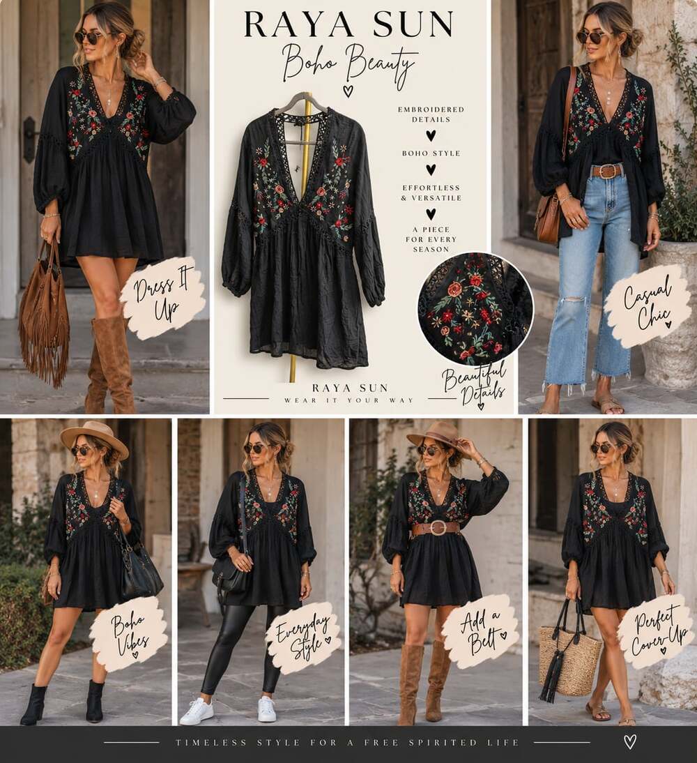 510 Raya Sun Women's Black Embroidered Boho Peasant Dress